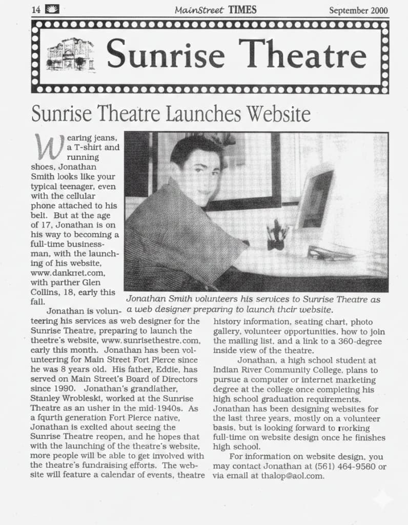 MainStreet TIMES newspaper article from September 2000 featuring Jonathan Smith launching a website for the Sunrise Theatre